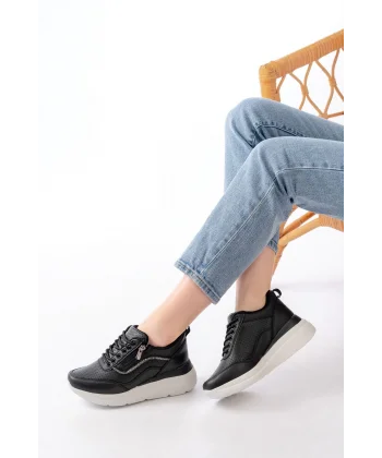 F-207 Siyah Bağcıklı Fermuarlı Taş Aksesuarlı Mevsimlik Spor Ayakkabı