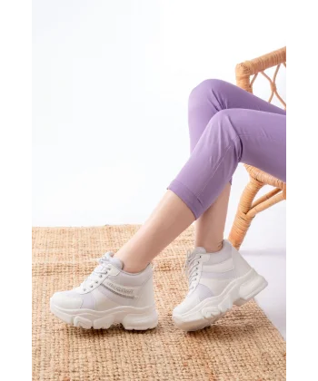 F-209 Beyaz Bağcıklı Fileli Taş Aksesuarlı Günlük Spor Ayakkabı