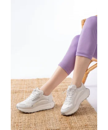 F-307 Beyaz Bağcıklı Saten Taş Aksesuarlı Günlük Spor Ayakkabı