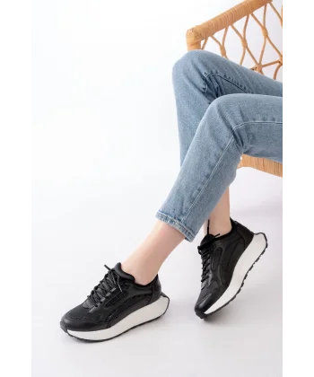 F-307 Siyah Bağcıklı Saten Taş Aksesuarlı Günlük Spor Ayakkabı