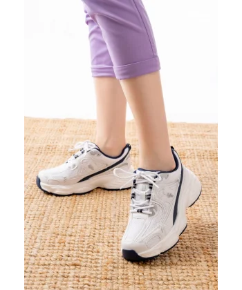 F-329 Beyaz Günlük Bağcıklı Lacivert Desenli Yazlık Spor Ayakkabı