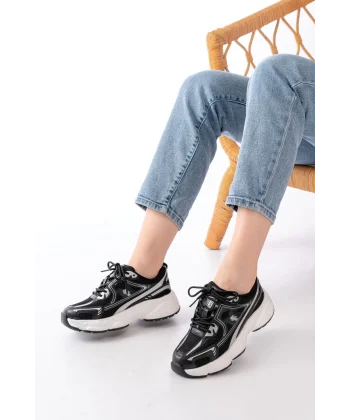 F-329 Siyah Günlük Bağcıklı Beyaz Tabanlı Yazlık Spor Ayakkabı