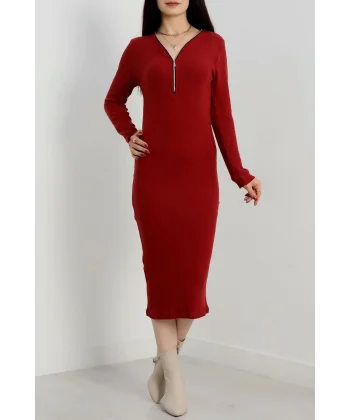 Fermuar detaylı fitilli şardonlu elbise bordo a3178