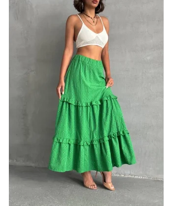 Fırfırlı brodeli astarlı uzun etek yeşil s255047