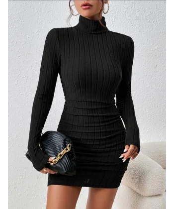 Fitilli boğazlı şardonlu elbise siyah