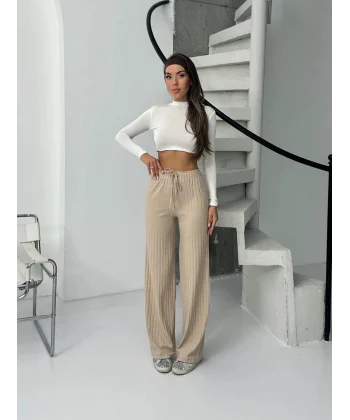 Fitilli şardonlu pantolon bej a4058