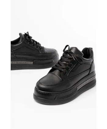 FLN-1999 Siyah Bağcıklı Taban Taş Aksesuarlı Günlük Spor Ayakkabı