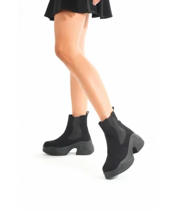 FZ-2400 Siyah Süet Yüksek Tabanlı Lastikli Günlük Kadın Bot