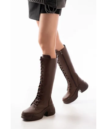 FZ-2450 Kahverengi Yüksek Tabanlı Bağcıklı Fermuarlı Günlük Kadın Çizme