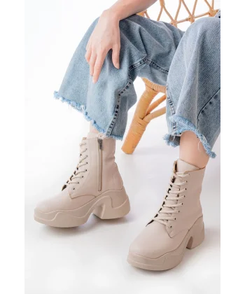 FZ-2550 Bej Yüksek Tabanlı Bağcıklı Fermuarlı Günlük Kadın Bot