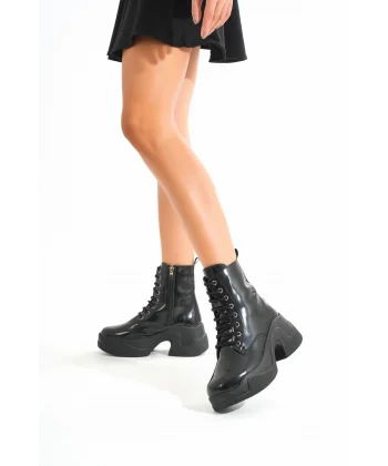 FZ-2550 Siyah Rugan Yüksek Tabanlı Bağcıklı Fermuarlı Günlük Kadın Bot