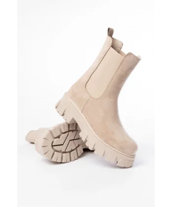 FZ-299 Bej Süet Yüksek Tabanlı Lastikli Günlük Kadın Bot