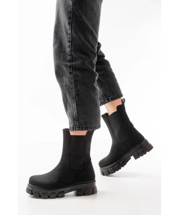 FZ-299 Siyah Süet Yüksek Tabanlı Lastikli Günlük Kadın Bot
