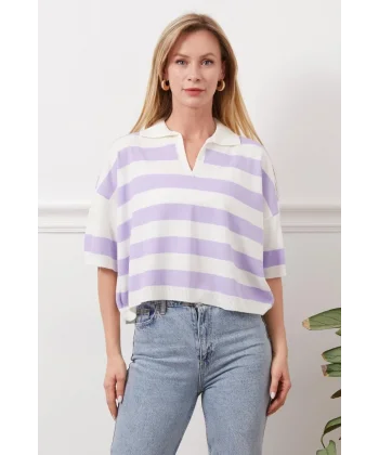 Gömlek yaka çizgili triko tişört