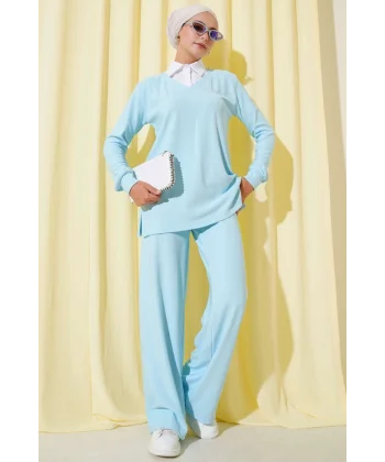 Gömlek Yaka Fitilli Salaş İkili Takım Buz Mavisi T4300