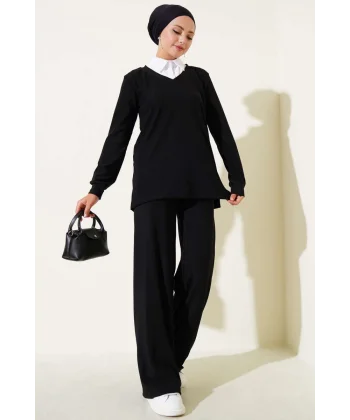 Gömlek Yaka Fitilli Salaş İkili Takım siyah T4300