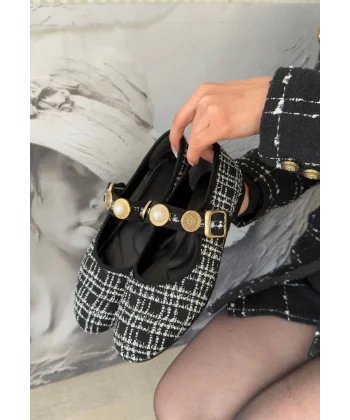 Hante Siyah Beyaz Keten Taşlı Babet Ayakkabı