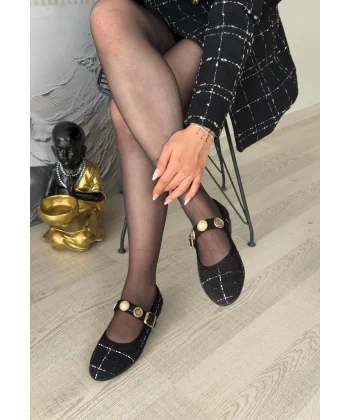 Hante Siyah Keten Taşlı Babet Ayakkabı