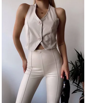 İki düğmeli deri yelek krem s243001