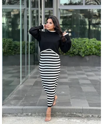 İkili triko elbise takım siyah beyaz