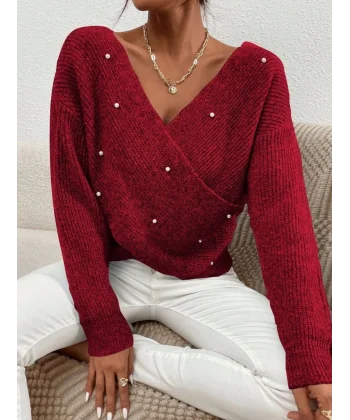 İncili çapraz kazak bordo