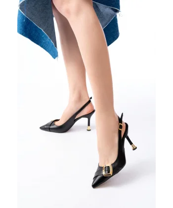 İNF-1151 Siyah Günlük Arkası Açık Topuklu Bayan Ayakkabı