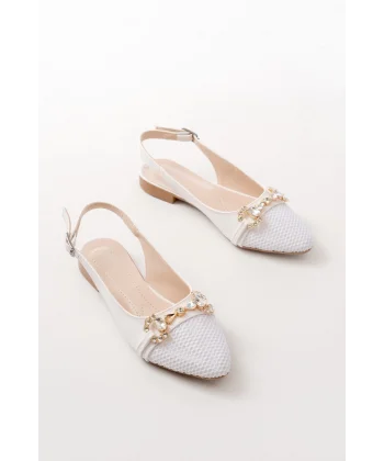 İNF-120 Beyaz Günlük Fileli Taş Aksesuarlı Kadın Babet