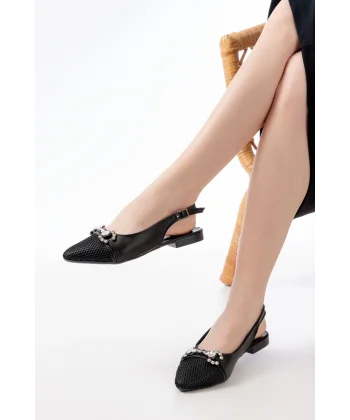 İNF-120 Siyah Günlük Fileli Taş Aksesuarlı Kadın Babet