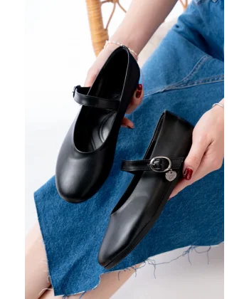 İNF-324 Siyah Baretli Tokalı Günlük Kadın Babet