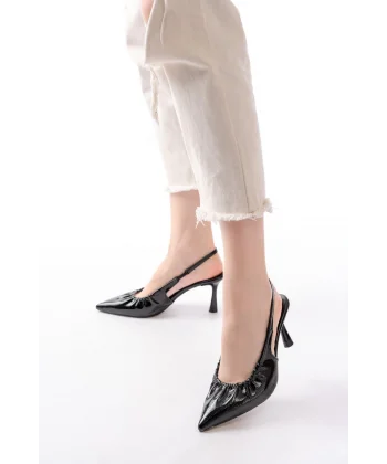 İNF-40451 Siyah Kırışık Rugan Günlük Arkası Açık Topuklu Bayan Ayakkabı