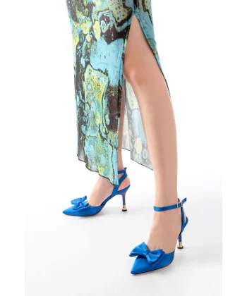 İNF-4505 Mavi Saten Günlük Arkası Açık Kurdele detaylı Topuklu Bayan Ayakkabı