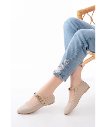 İNF-6363 Bej Baret Tokalı Günlük Bayan Ayakkabı