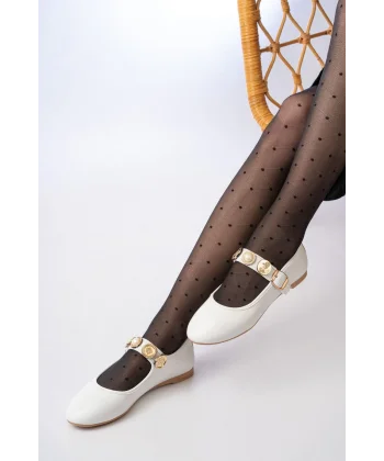 İNF-6363 Beyaz Baret Tokalı Günlük Bayan Ayakkabı