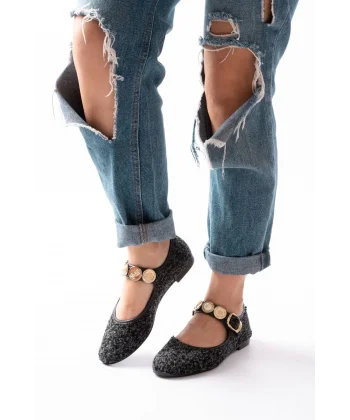 İNF-6363 Siyah Havlu Desenli Baret Tokalı Günlük Bayan Ayakkabı