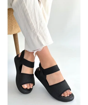 Jake Siyah Hasır Cilt Sandalet