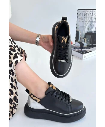 Jista Siyah Cilt Gümüş Detaylı Bağcıklı Spor Ayakkabı