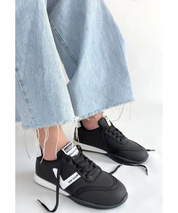 Jowen Siyah Cilt Beyaz Detaylı Bağcıklı Spor Ayakkabı