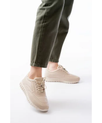 K-504 Bej Bağcıklı Desenli Günlük Spor Ayakkabı