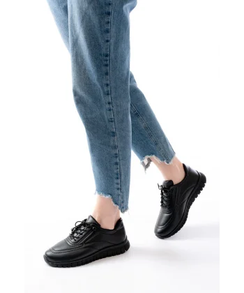 K-504 Siyah Bağcıklı Desenli Günlük Spor Ayakkabı