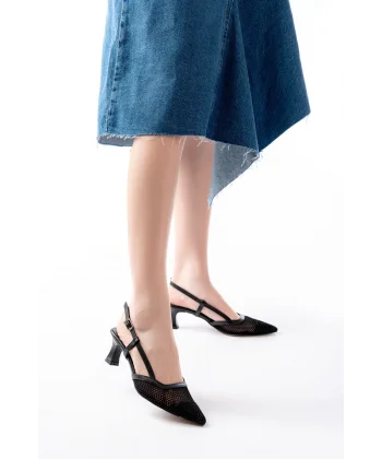 K-607 Siyah Günlük Fileli Arkası Açık 7 cm Topuklu Bayan Ayakkabı