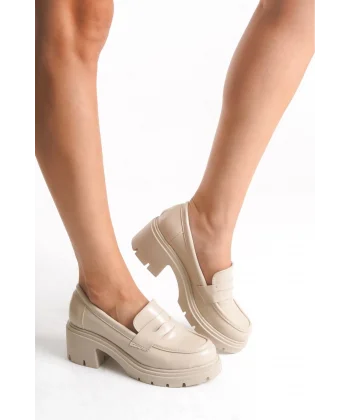 K-706 Bej Kırışık Rugan Yüksek Tabanlı Loafer Ayakkabı