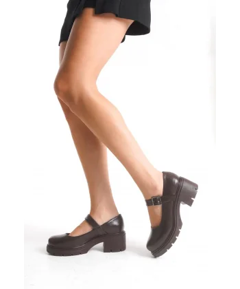 K-708 Kahve Kırışık Rugan Tokalı Yüksek Tabanlı Loafer Ayakkabı