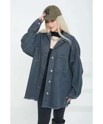 Kadın Çift Cepli Püskül Detay Kot Ceket