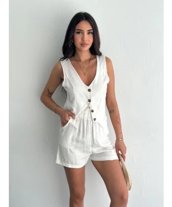 Kadın keten şort yelek takım s3461