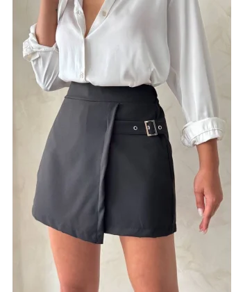 Kadın tokalı şort etek siyah s25449