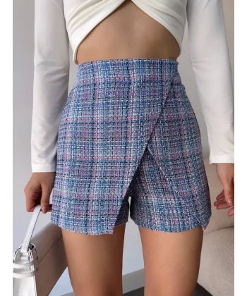 Kapaklı tüvit şort etek mavi