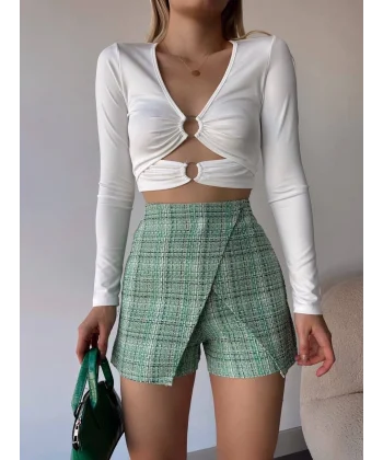 Kapaklı tüvit şort etek yeşil