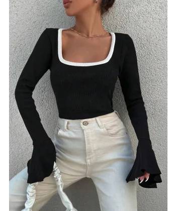 Kare yaka garni detay ispanyol kol bluz siyah a3105