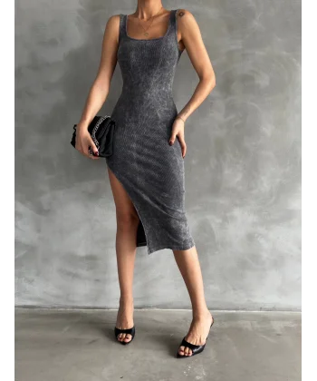 Kaşkorse aşit yıkamalı yırtmaçlı elbise