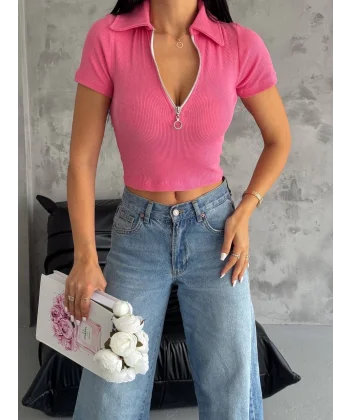 kaşkorse yaka fermuarlı bluz fuşya